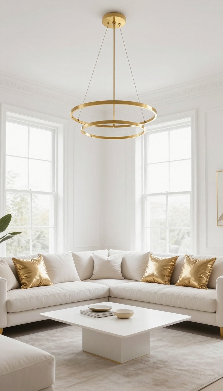 Elegant white living room with a statement gold ring chandelier hanging above a coffee table in bright natural light