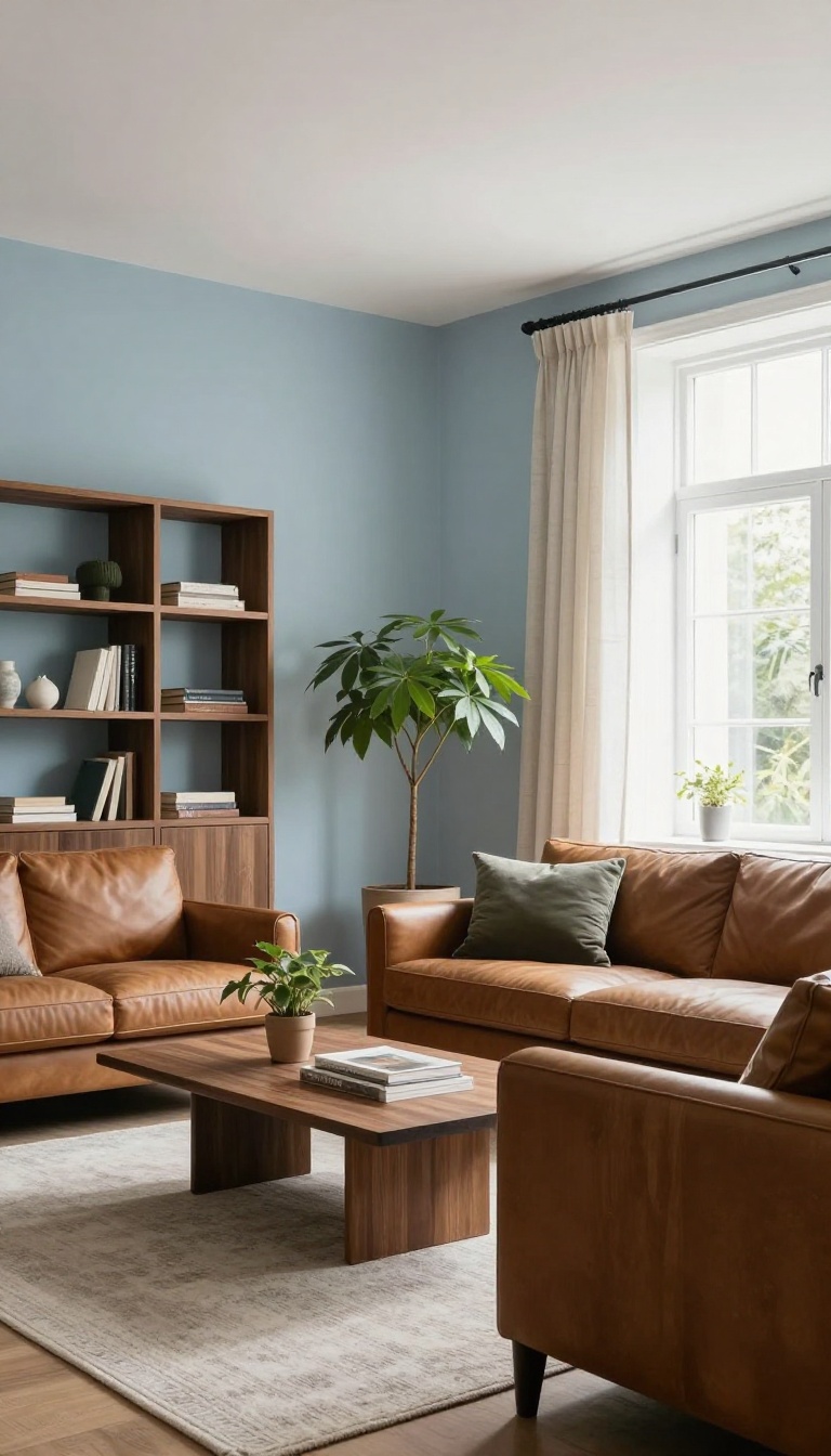 Bright living room with light sky blue walls and warm brown leather and wood furniture in natural morning light