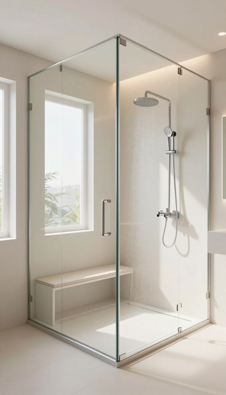 Bright basement bathroom with frameless glass shower enclosure