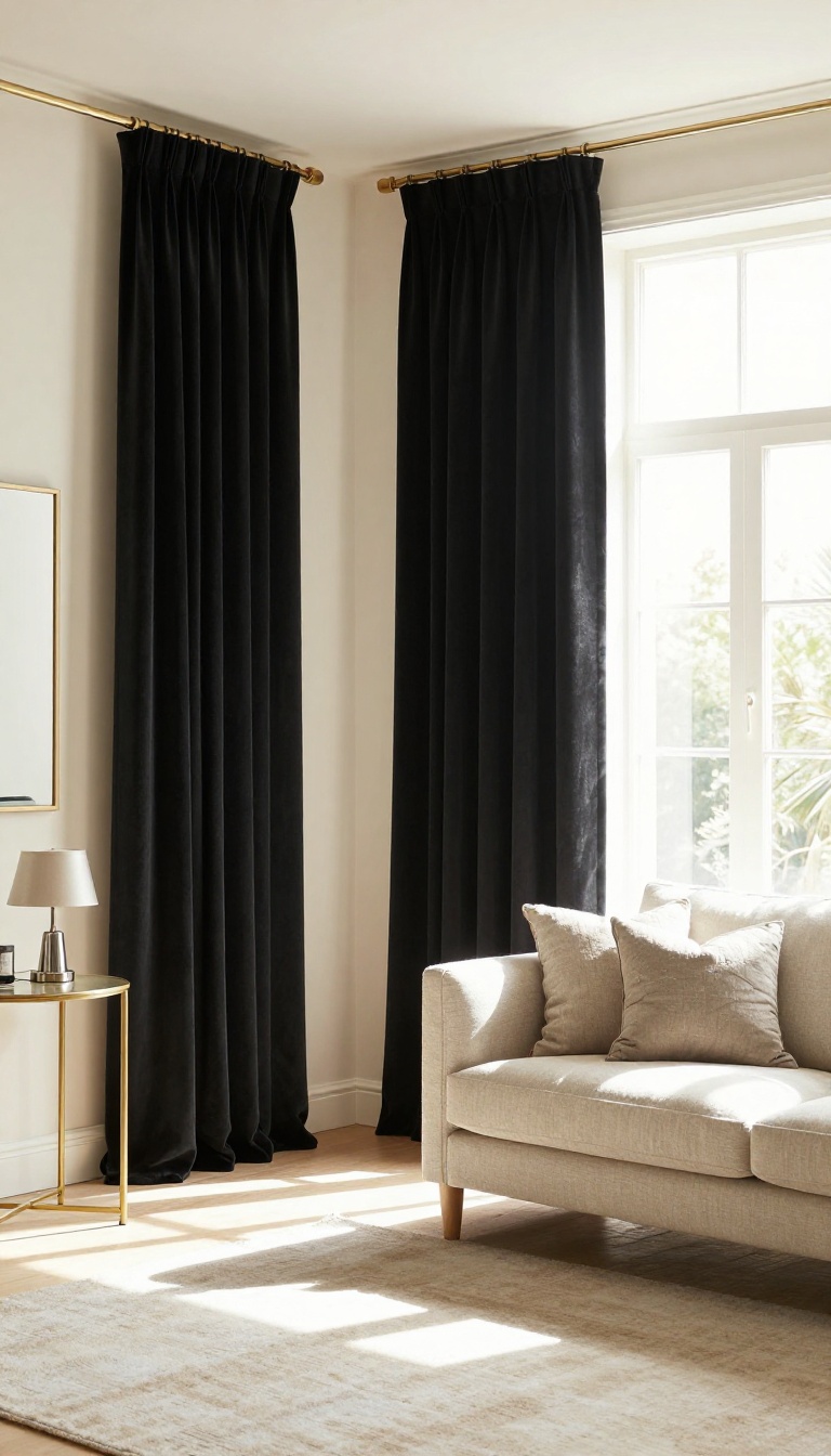 Bright living room with dramatic black velvet curtains on a brass rod, pale walls, light rug, and metallic accents catching natural light