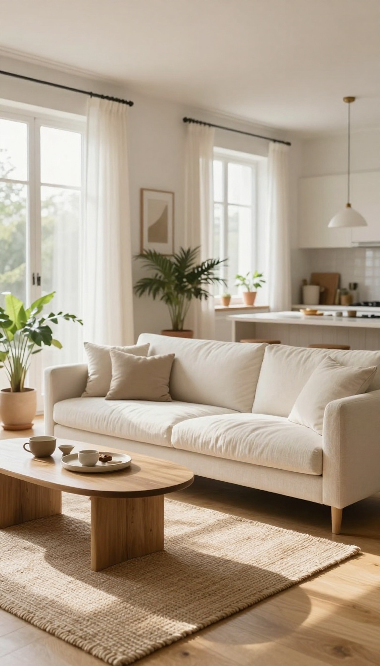 Bright open concept living room with a wide clear walkway between a light sofa and coffee table