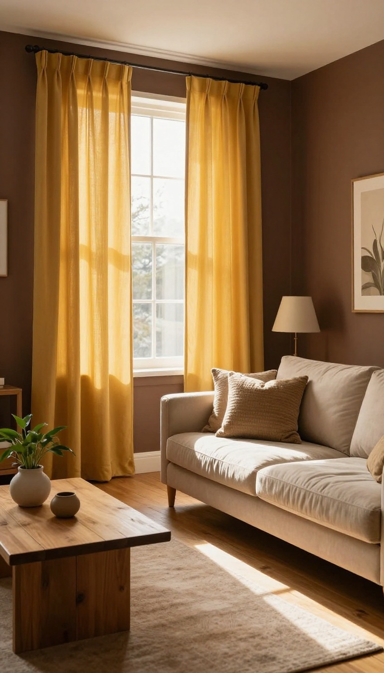 Living room with chocolate brown walls and golden yellow curtains glowing in natural sunlight