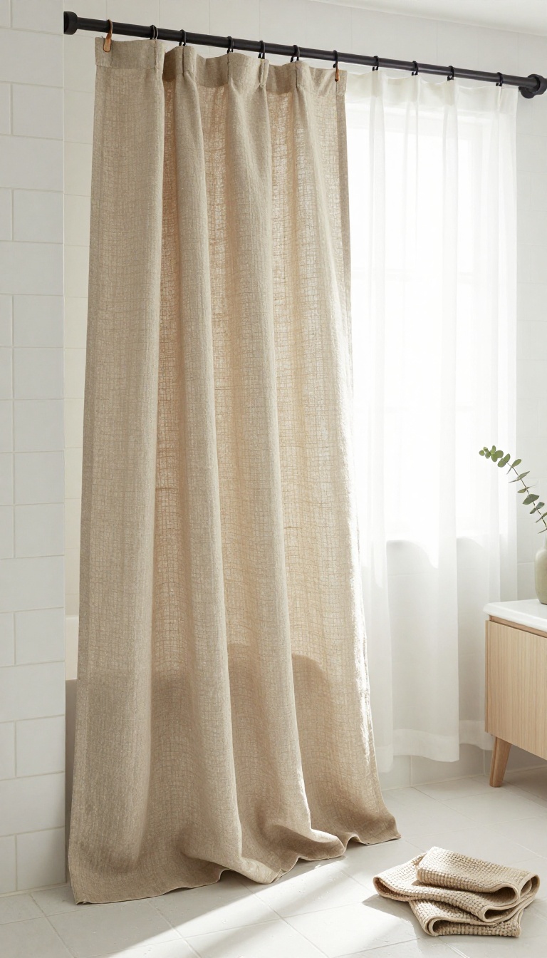 Relaxed bathroom with a textured oatmeal linen shower curtain hanging from matte black rings, soft daylight, and minimal decor
