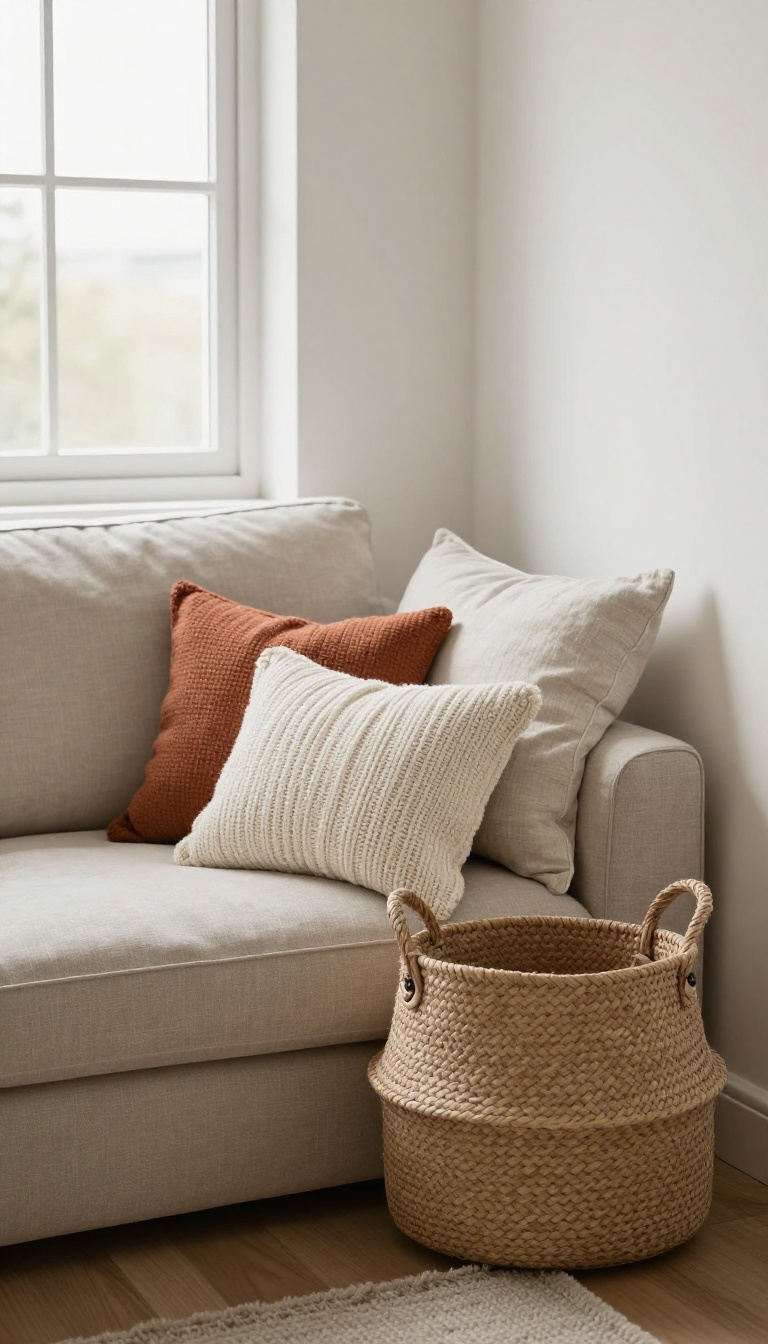 Woven basket filled with folded throw blankets and pillows in a cozy small living room corner