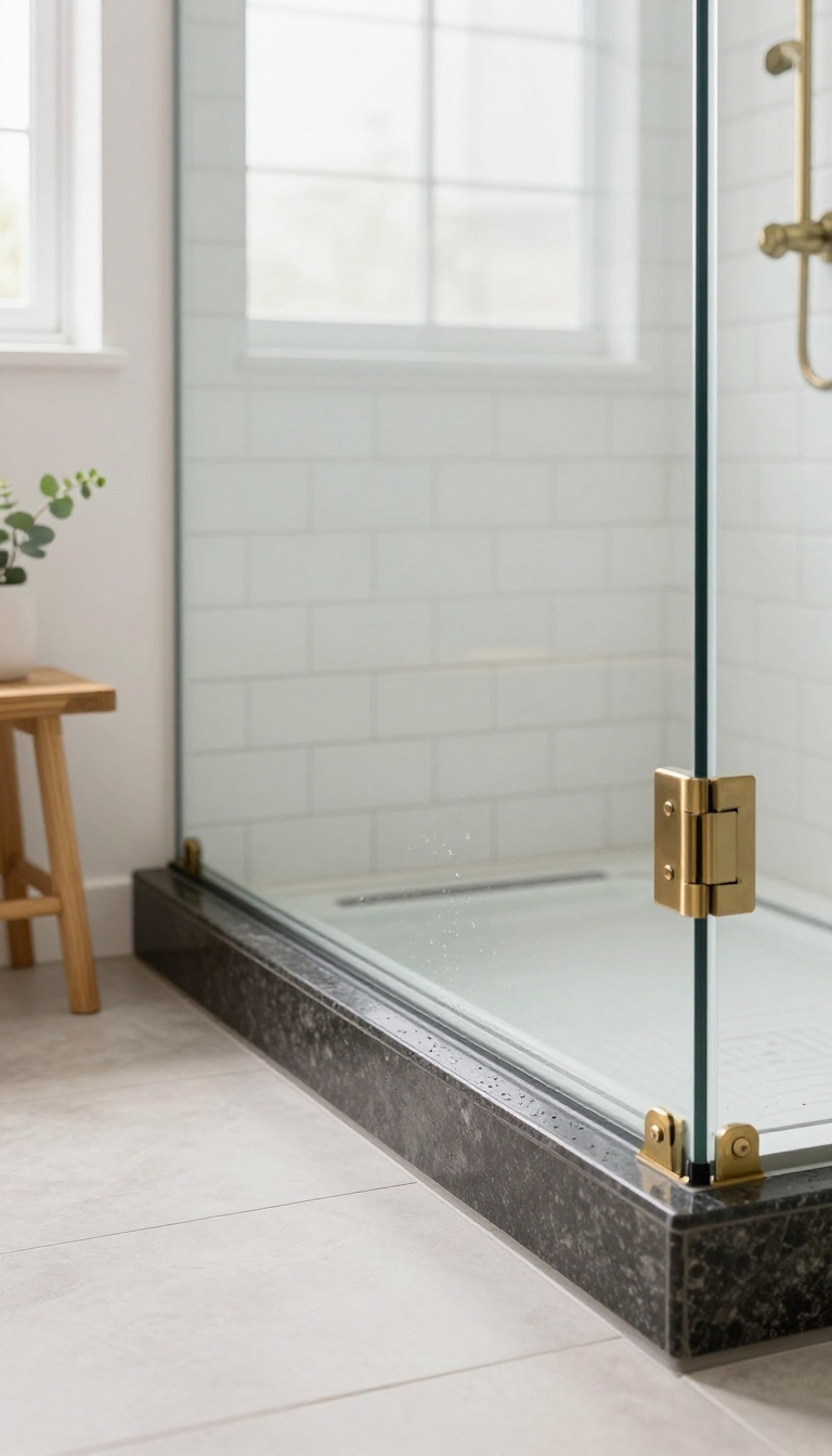 Modern shower with a dark contrasting tile curb against white subway tile walls in bright natural light