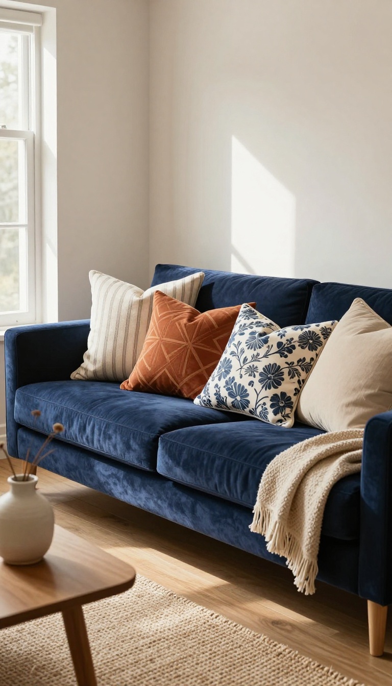 Navy blue couch styled with mixed patterned throw pillows in stripes, geometrics, and florals for cozy contrast