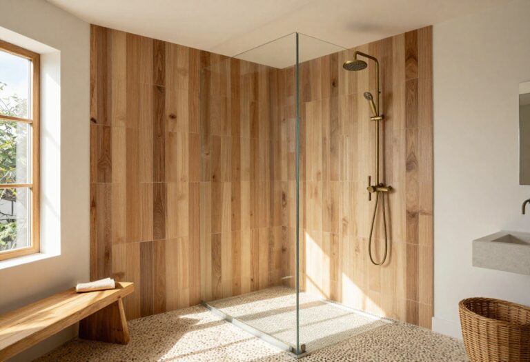Rustic bathroom shower with wood-look tile, pebble floor, and bronze fixtures