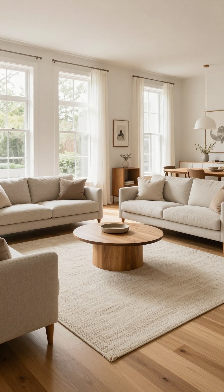 Bright open concept living room with a large area rug defining the seating zone under a linen sofa and accent chairs