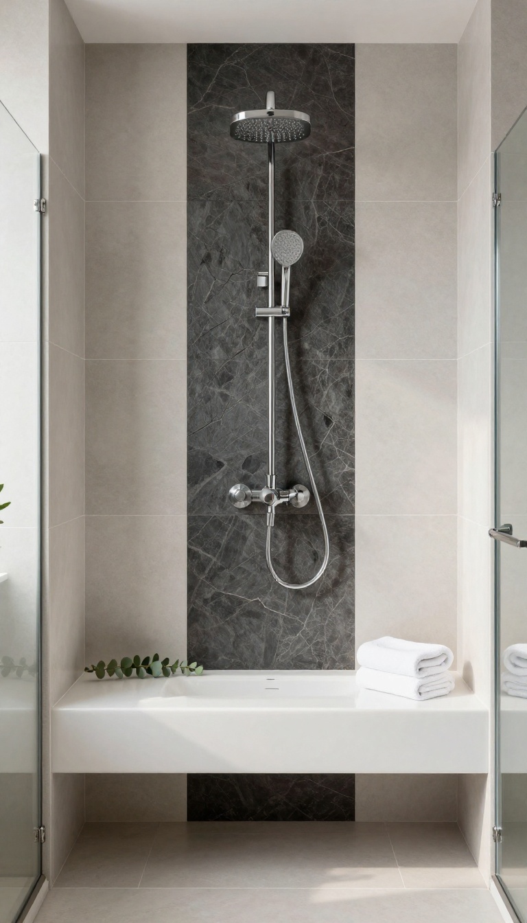 Modern shower with a built-in white bench and a dark slate accent tile panel on the back wall behind the seat, lit by bright natural light.
