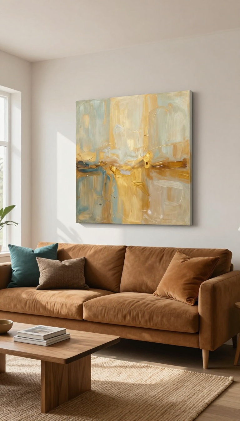 Teal and brown living room with a large abstract canvas above a caramel sofa, blending both colors naturally.