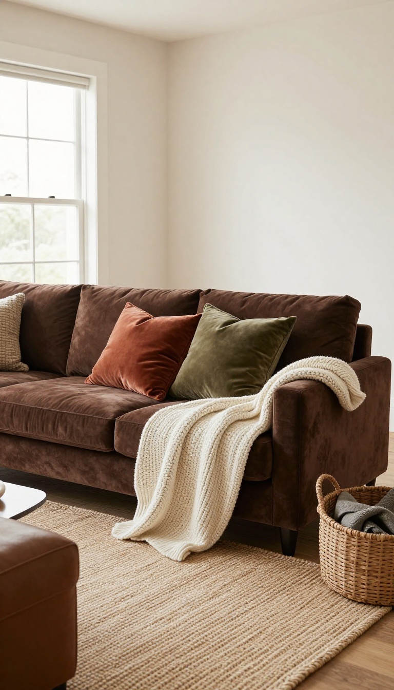 Chocolate brown velvet couch layered with a chunky knit throw, velvet cushions, and woven rugs in a bright living room