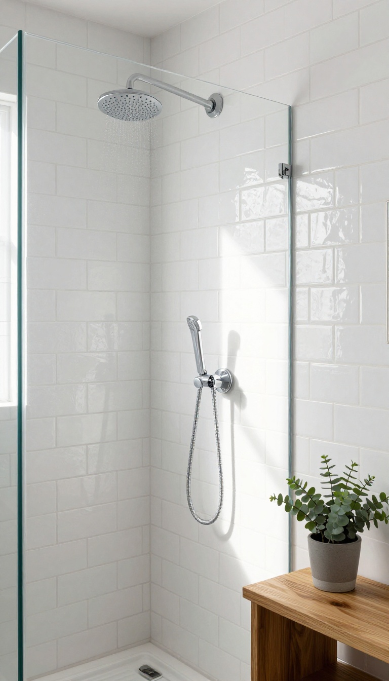 Modern bathroom with vertical herringbone white subway tile in the shower, natural light, glass enclosure, rainfall showerhead, teak bench