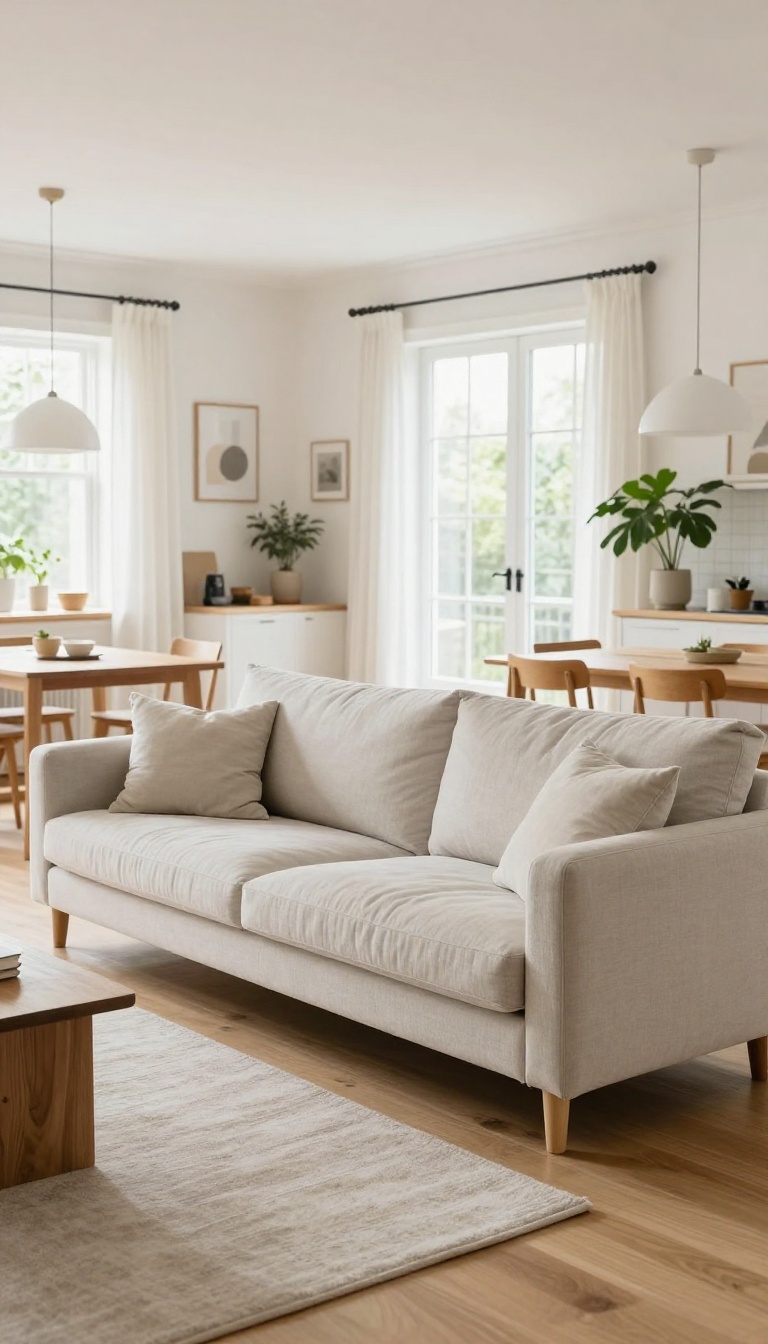 Bright open concept living room with a low-profile sectional sofa that keeps sightlines clear across the space