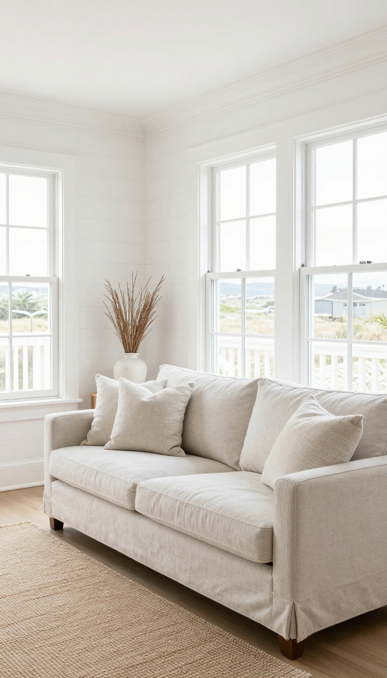 Bright coastal living room with white distressed crown molding and horizontal shiplap walls in soft natural light