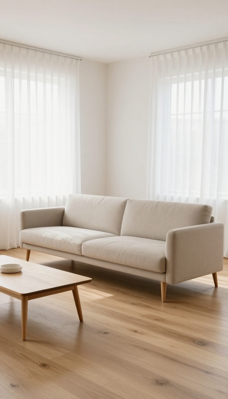 Bright low-ceiling living room with a low-profile sofa, slipper chair, and thin-legged coffee table keeping open sightlines and an airy feel