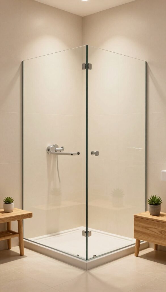 Angled glass shower screen creating a cozy nook in a modern bathroom with warm natural light