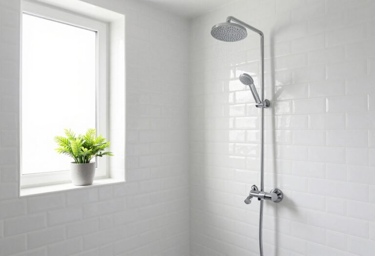 Bright modern shower with glossy white subway tile walls and rainfall showerhead