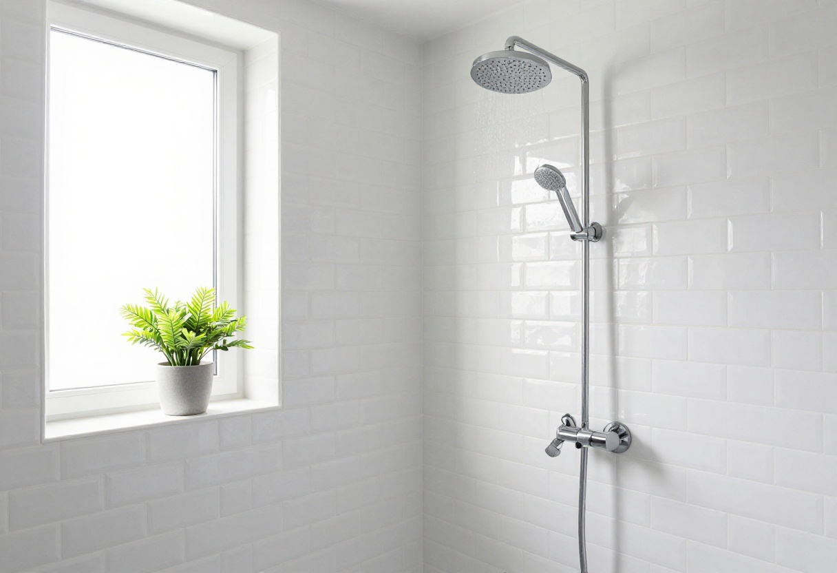Bright modern shower with glossy white subway tile walls and rainfall showerhead