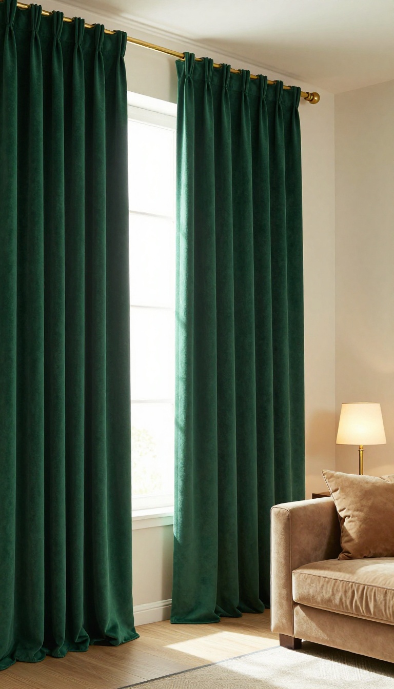 Emerald green velvet curtains hanging floor-to-ceiling in a bright neutral living room with a charcoal sofa and brass accents