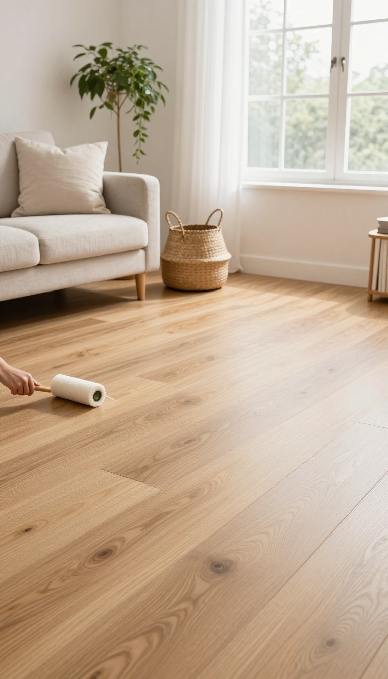 Bright rental living room with peel-and-stick oak vinyl planks being installed over dated linoleum flooring
