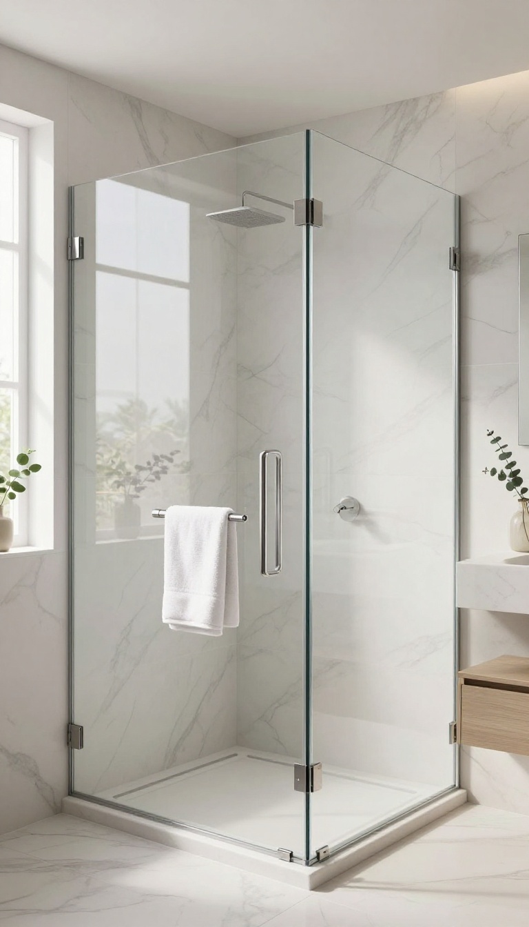 Modern bathroom with a frameless glass shower enclosure and floor-to-ceiling tile in bright natural light