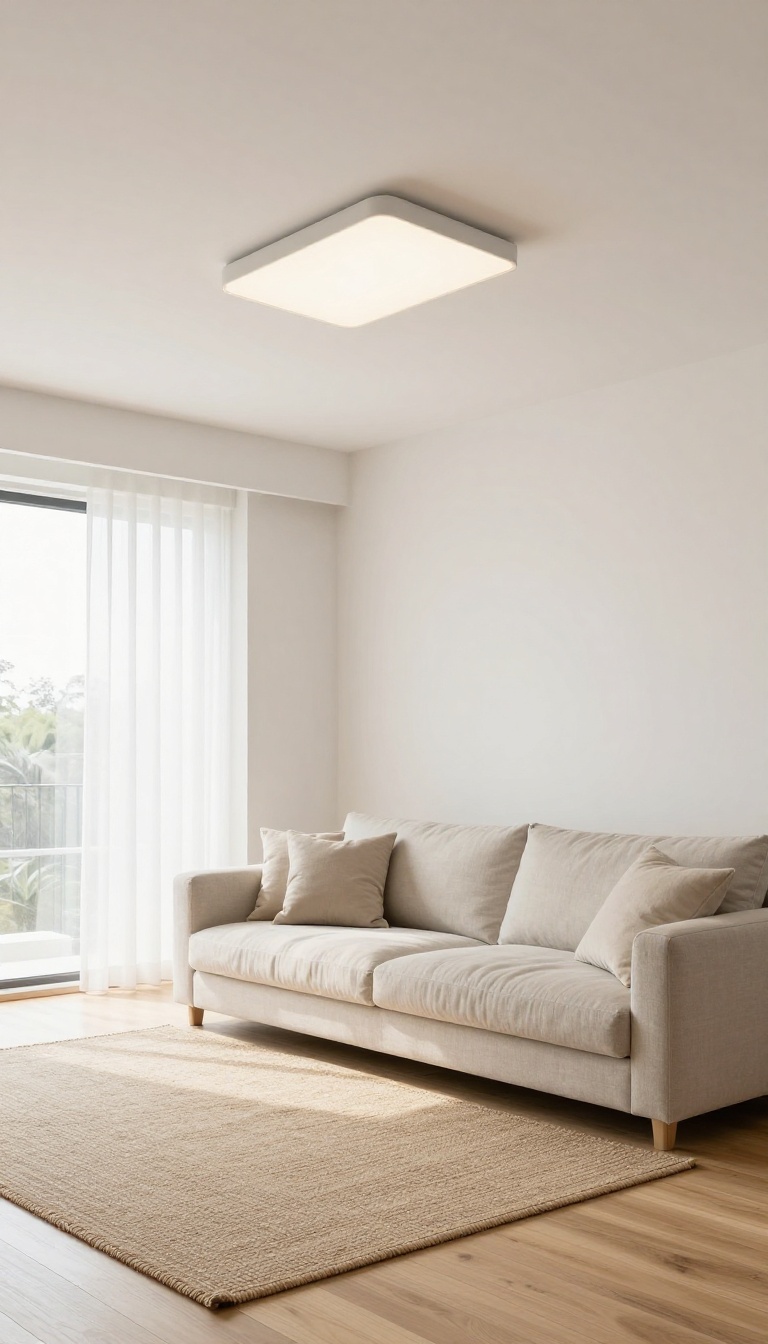 Bright low-ceiling living room with a slim flush-mount ceiling light and recessed lighting that keeps the ceiling looking clean and open