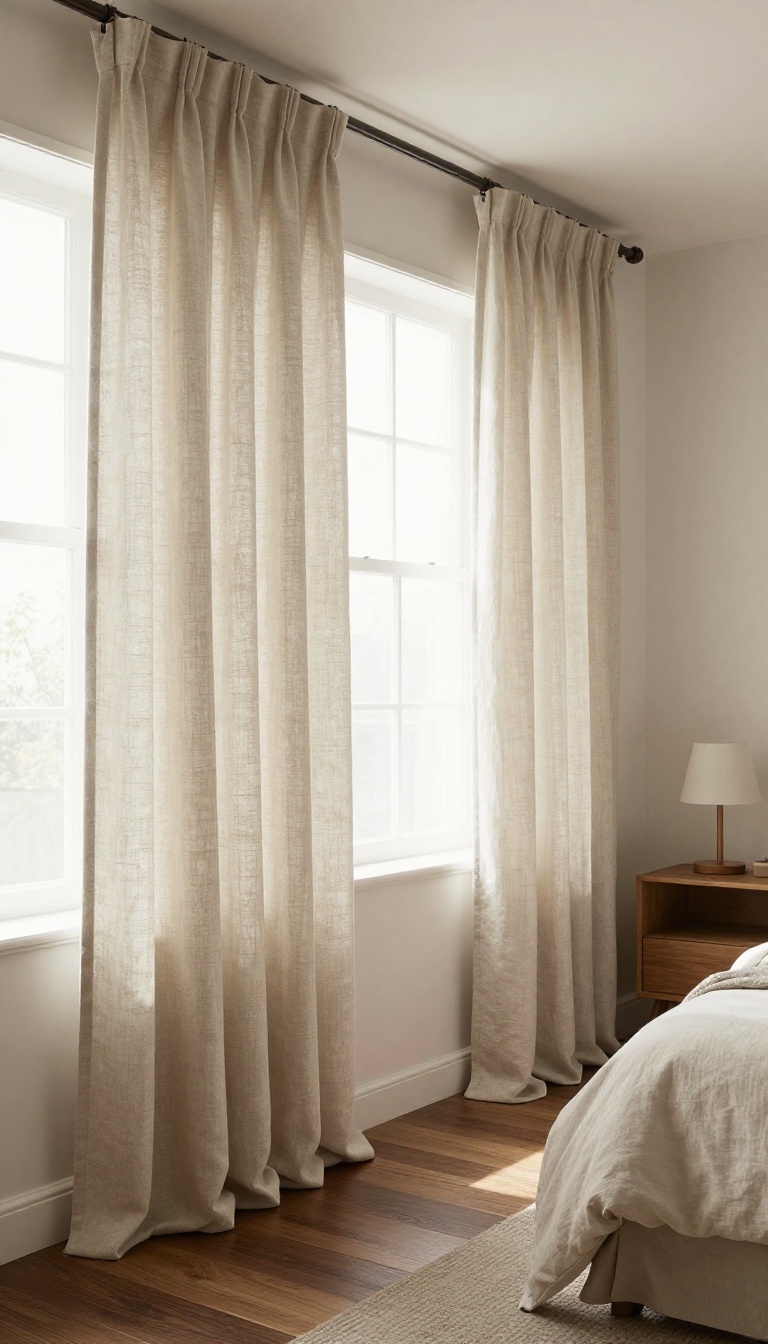 Bedroom with dark wood floors and floor-to-ceiling oatmeal linen curtains hung high and wide, softly puddling on the floor in bright natural light