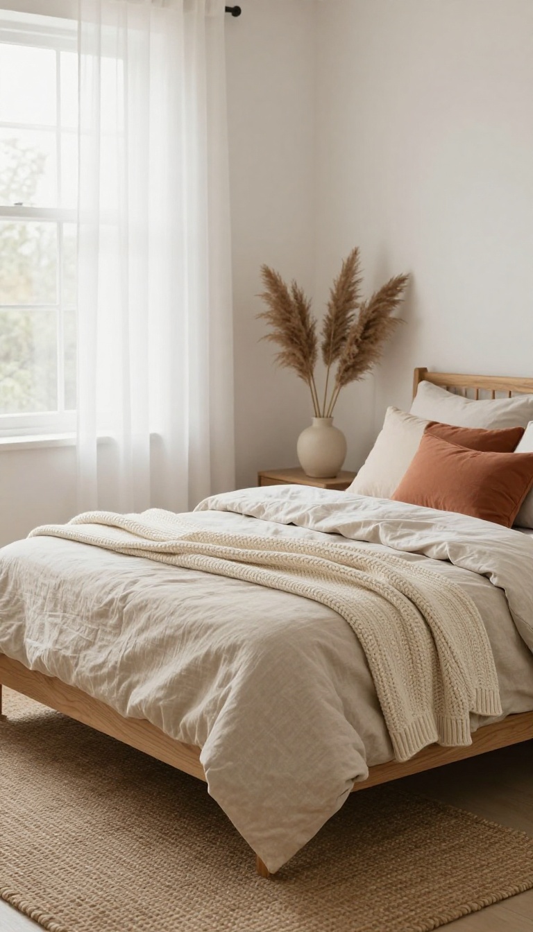 Boho bedroom bed layered with a rumpled linen duvet, a cotton quilt, and a chunky knit throw in warm natural light