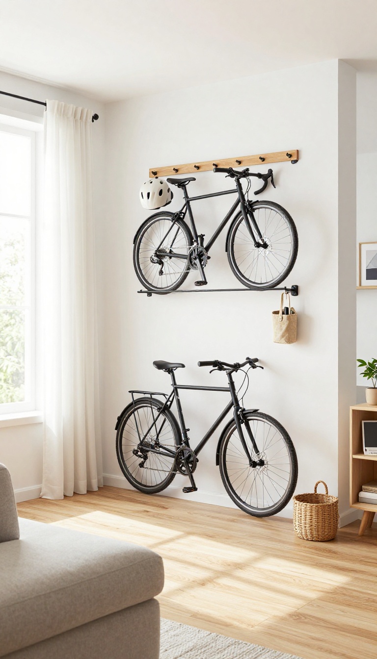 Bicycle mounted vertically on a living room wall with a helmet and gear hanging on hooks nearby