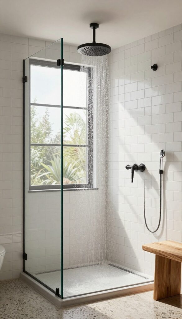 Modern farmhouse shower with a rain shower head, subway tile walls, pebble floor, and wooden bench, illuminated by natural light.
