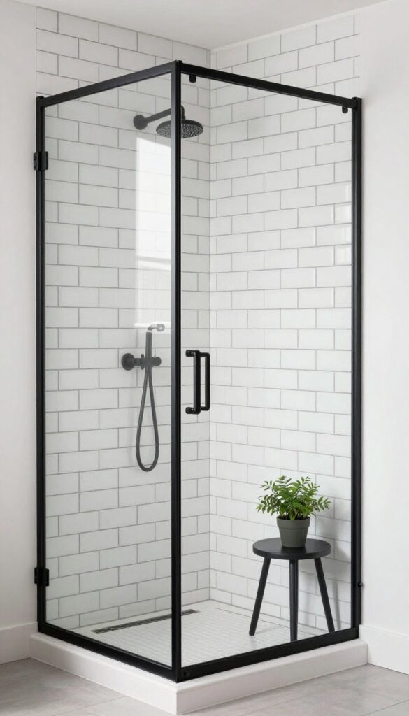 Modern farmhouse shower with white subway tiles, black grout, and matte black fixtures, showcasing black and white contrast for a timeless look.