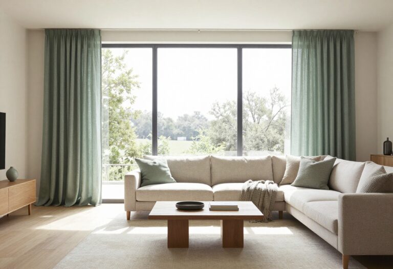 Living room with sage green linen curtains and neutral furniture in natural light