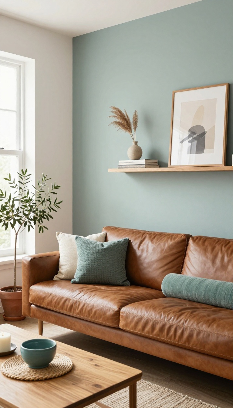 Bright living room with a muted teal accent wall behind a brown leather sofa, styled with neutral pillows and natural light.