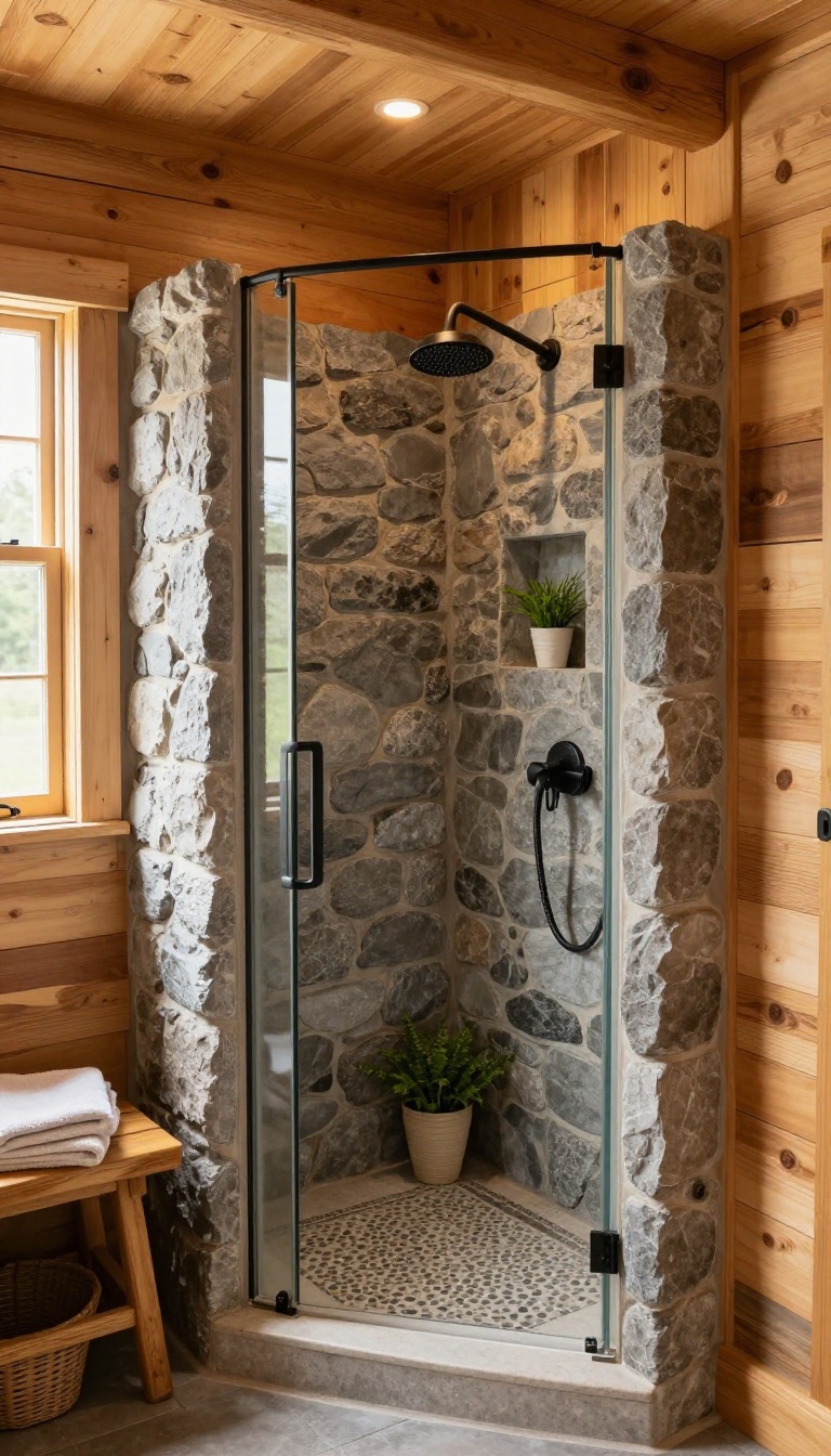 Rustic cabin-style shower with a stone back wall, warm wood plank accents, black fixtures, pebble floor, and soft warm lighting in a cozy bathroom