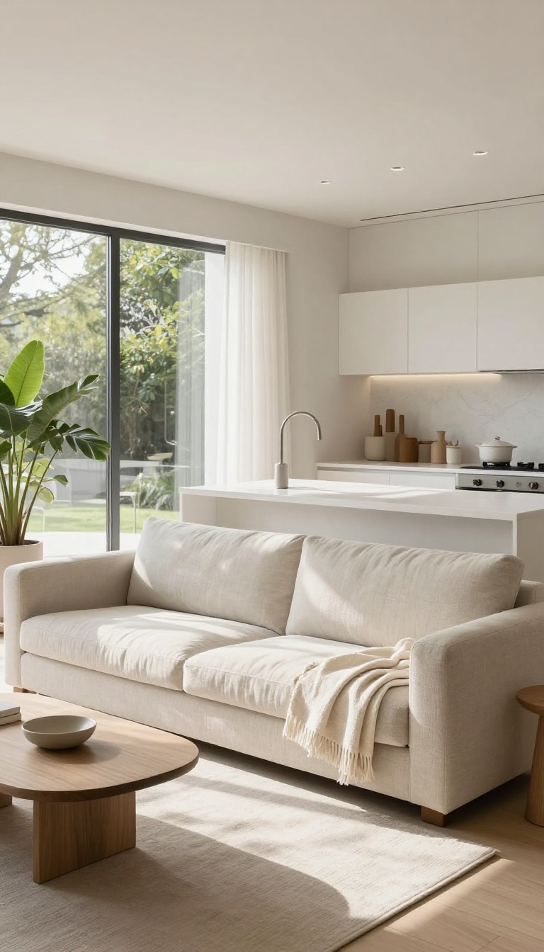 Bright open-concept living room and kitchen with clear counters and a tidy coffee table in natural light