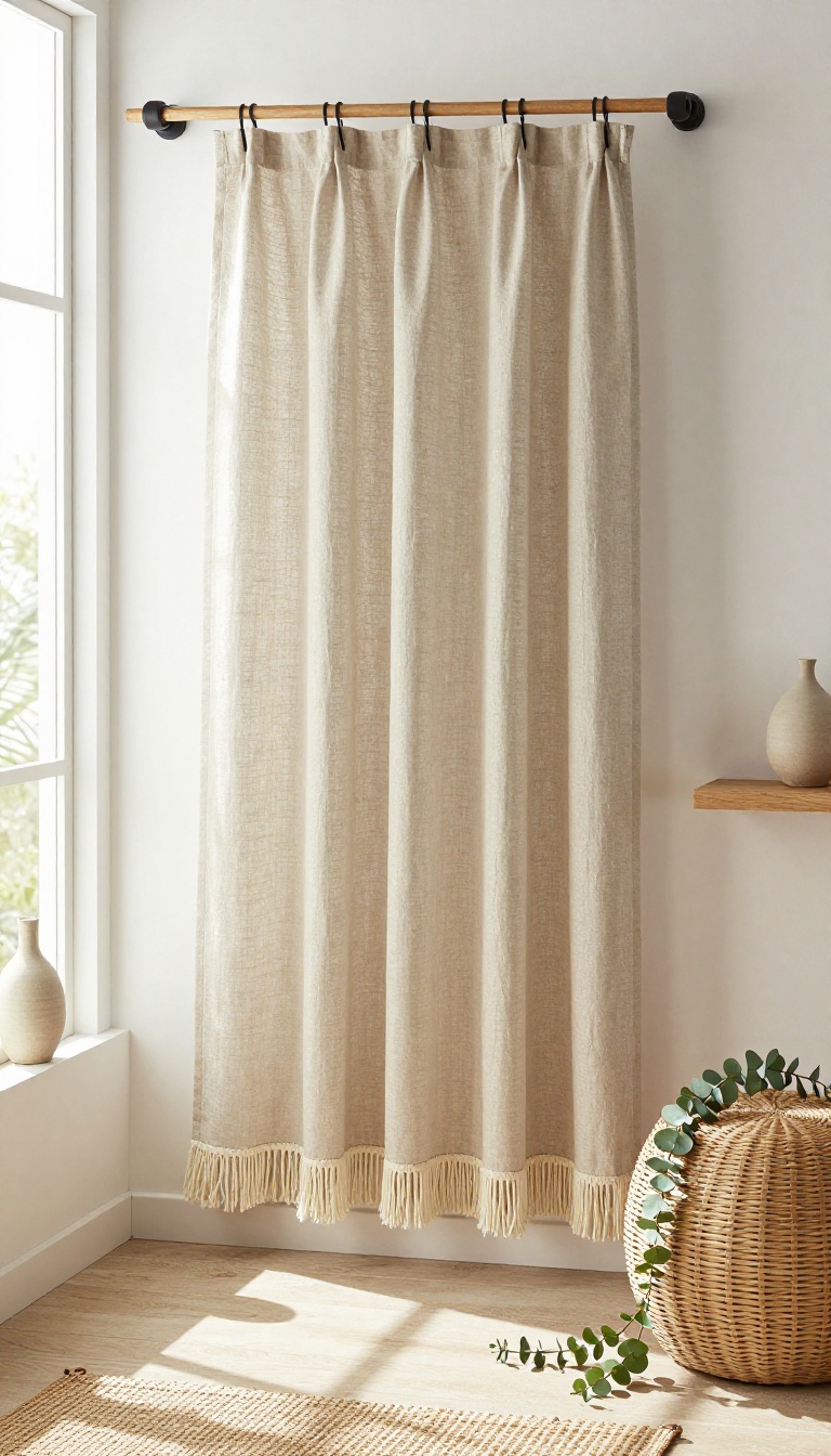 Natural linen shower curtain with long cream tassel trim hanging in a bright boho bathroom with rattan and wood accents
