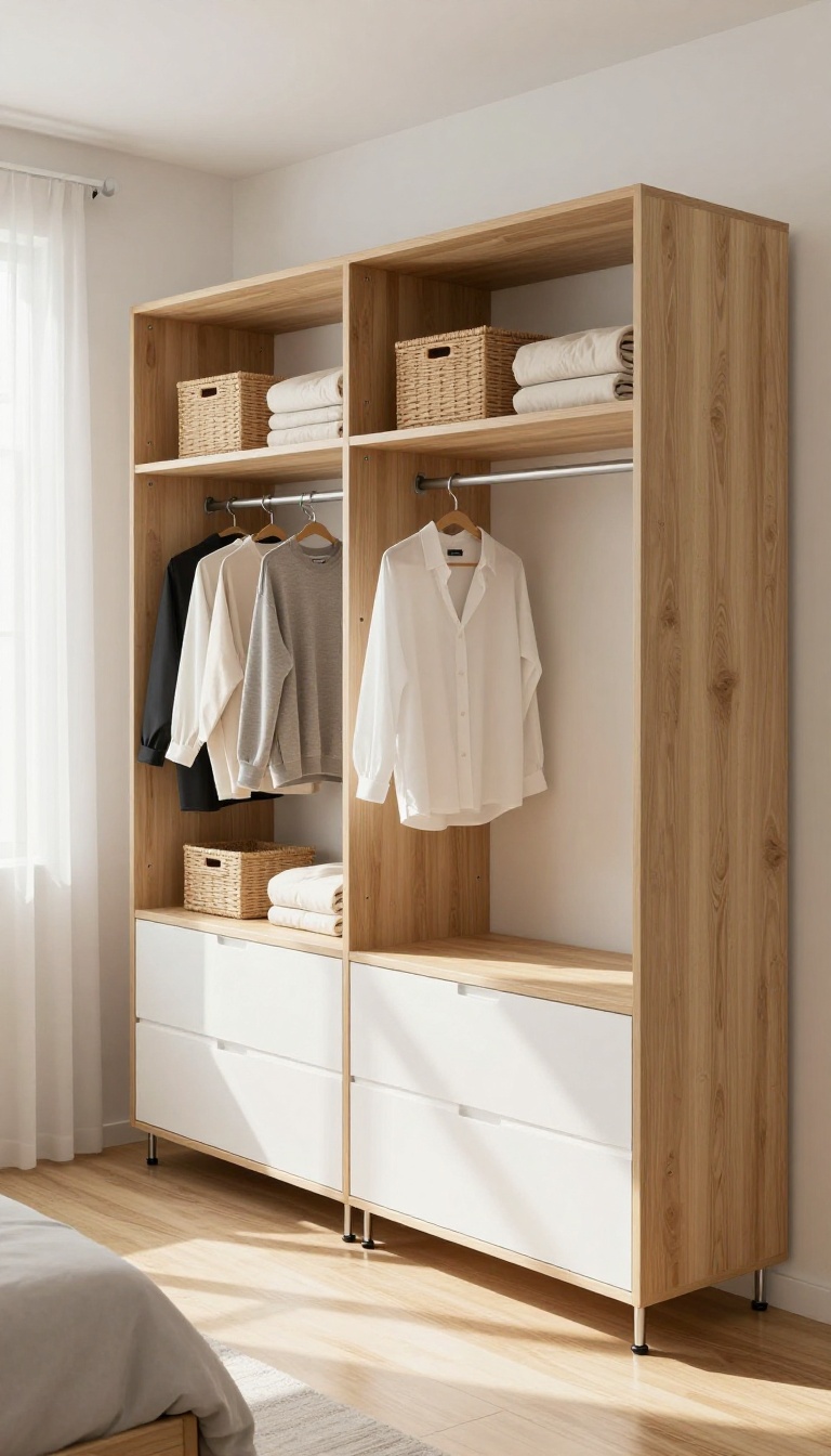 Bright bedroom with stackable modular wardrobe units in light oak and white, showing open shelves, drawers, and a small hanging rod