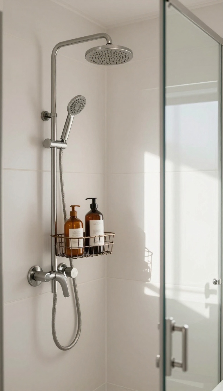 Rustic wire basket hanging from showerhead holding toiletries in a bright bathroom