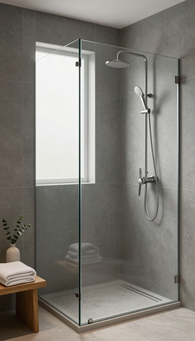 Modern walk-in shower with large-format matte gray slab walls installed vertically, minimal grout lines, rainfall showerhead, and bright natural light for a seamless spa-like look