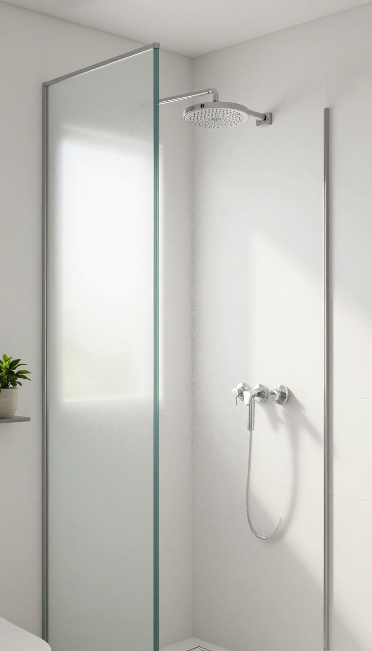 Modern walk-in shower with frosted glass panel for privacy, bright natural light, clean white tiles