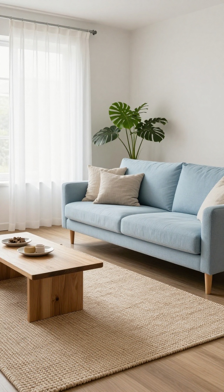 Light blue couch on a large jute rug with a layered cream rug in a bright serene living room
