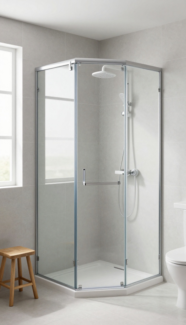 Small corner shower with sliding glass doors in a bright modern bathroom, with a slim storage tower and natural light