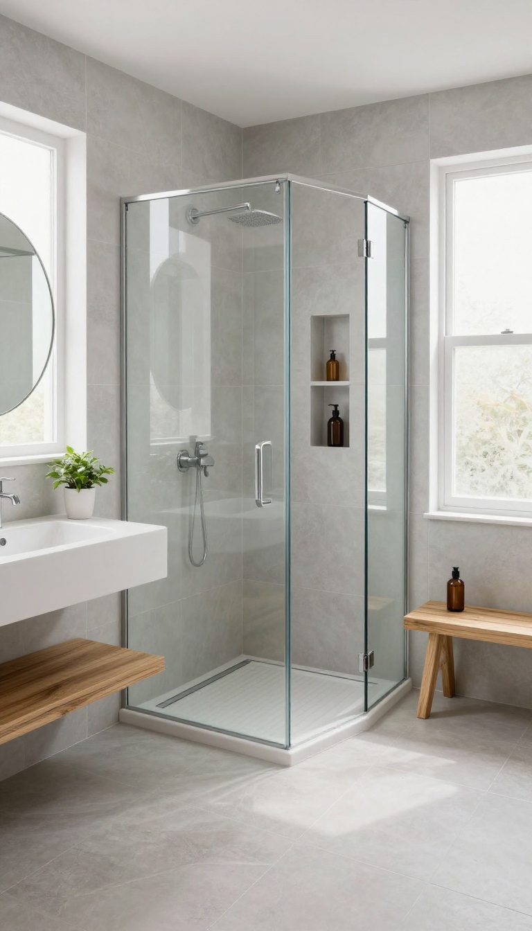 Curbless walk-in shower with linear drain and teak bench in a small modern bathroom