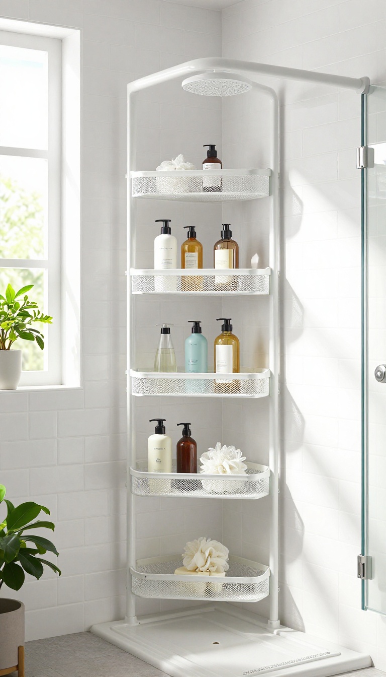 Tension rod shower caddy with shelves holding toiletries in a bright, tiled shower