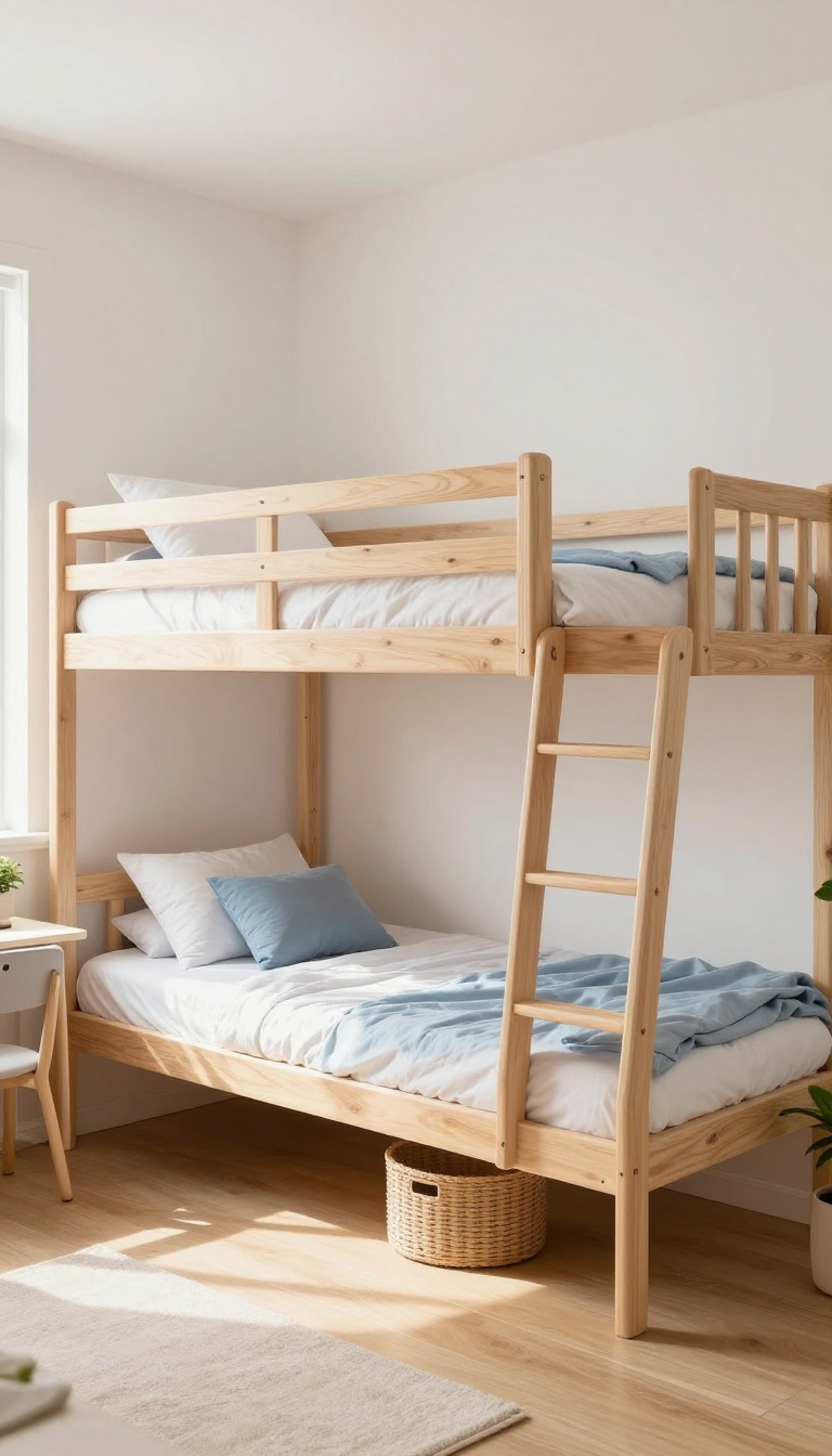 Bright shared kids bedroom with a wooden triple bunk bed, guardrails, ladder, and open floor space for play and storage