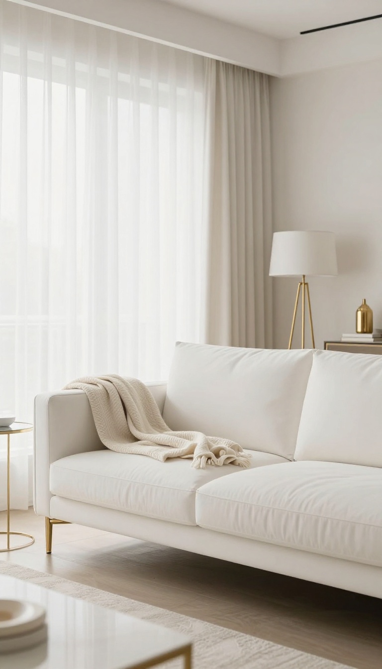 White sofa with slim gold legs styled in a bright elegant living room with soft neutral decor and gold accents