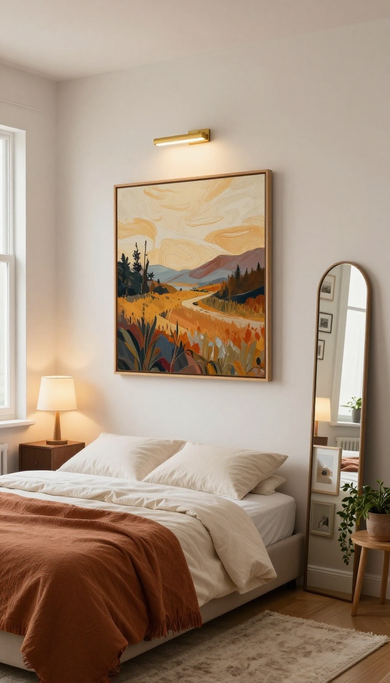 Cozy windowless basement bedroom with a large abstract canvas above the bed, a cluster of framed prints, and a leaning floor mirror reflecting warm lamp light