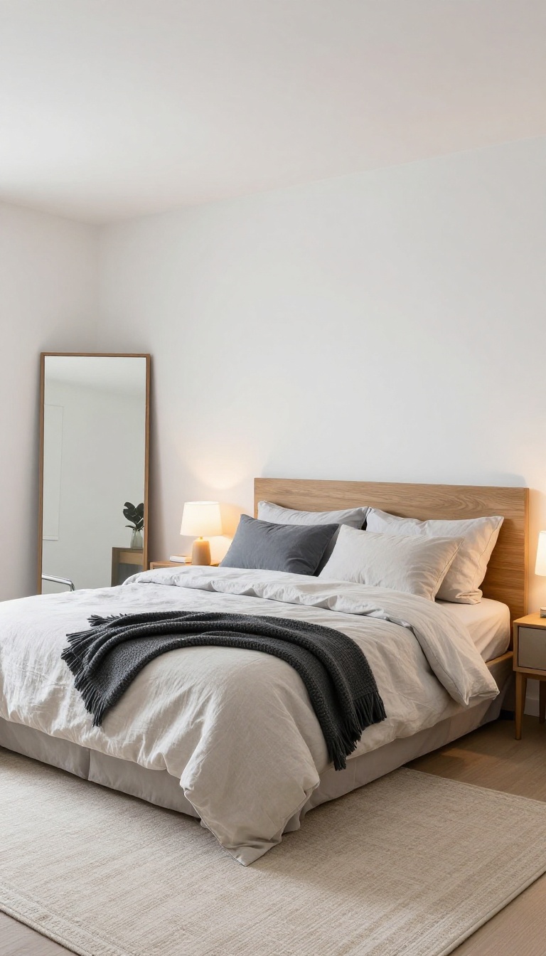 Bright and airy windowless basement bedroom with soft white walls, pale blue bedding, and warm neutral accents that reflect light and feel cozy