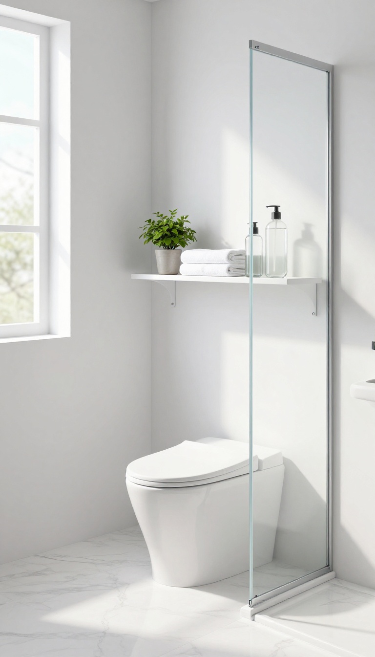 Slim over-the-toilet shelf in a bright bathroom next to a shower, holding toiletries and a towel