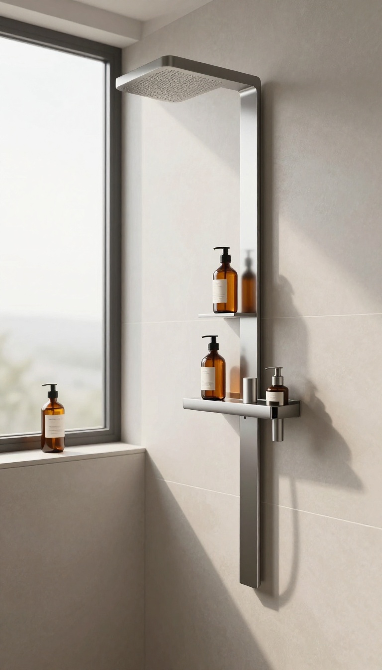 Magnetic strip on metal shower wall holding shampoo bottles
